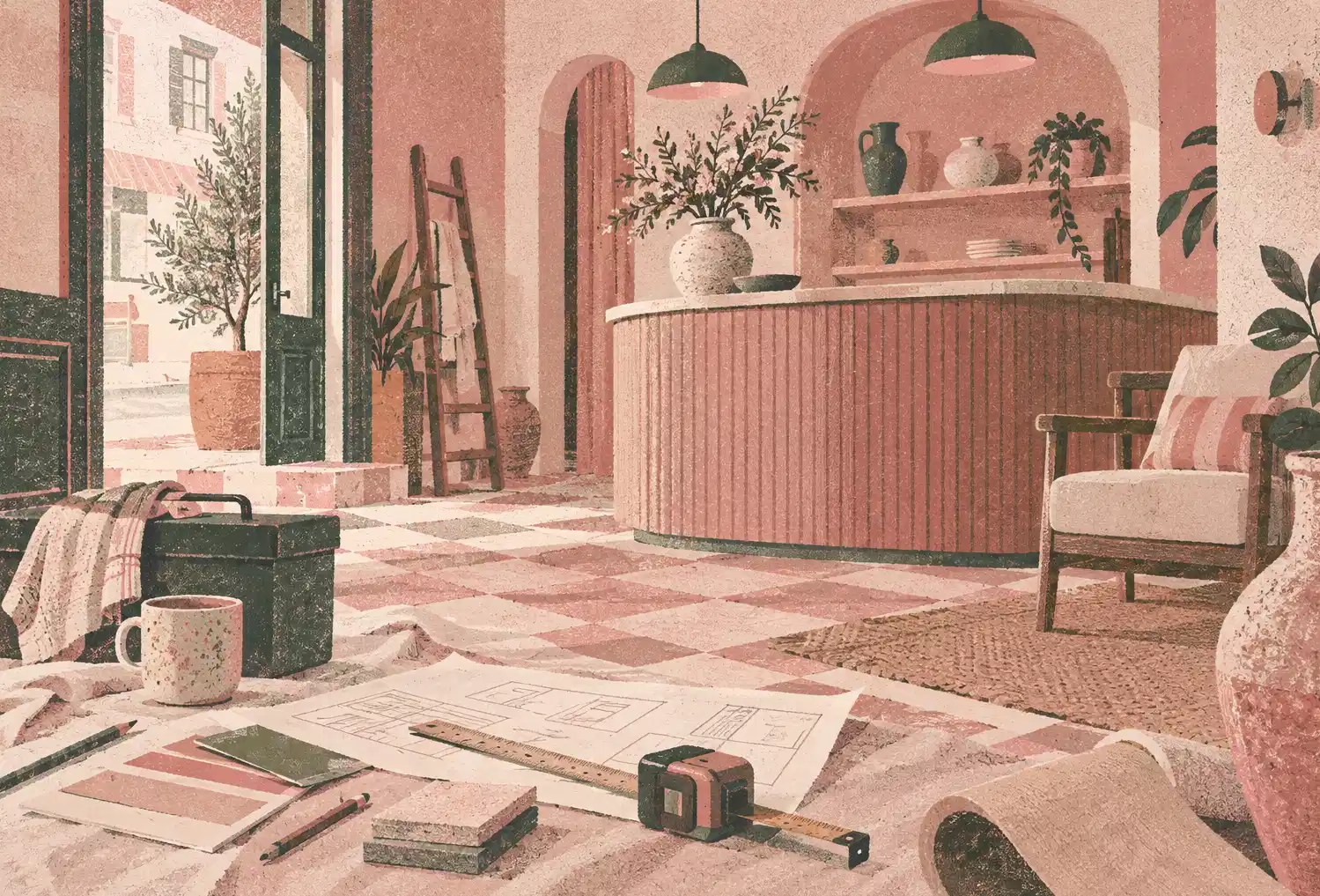 Illustration of hospitality businesses and their working space